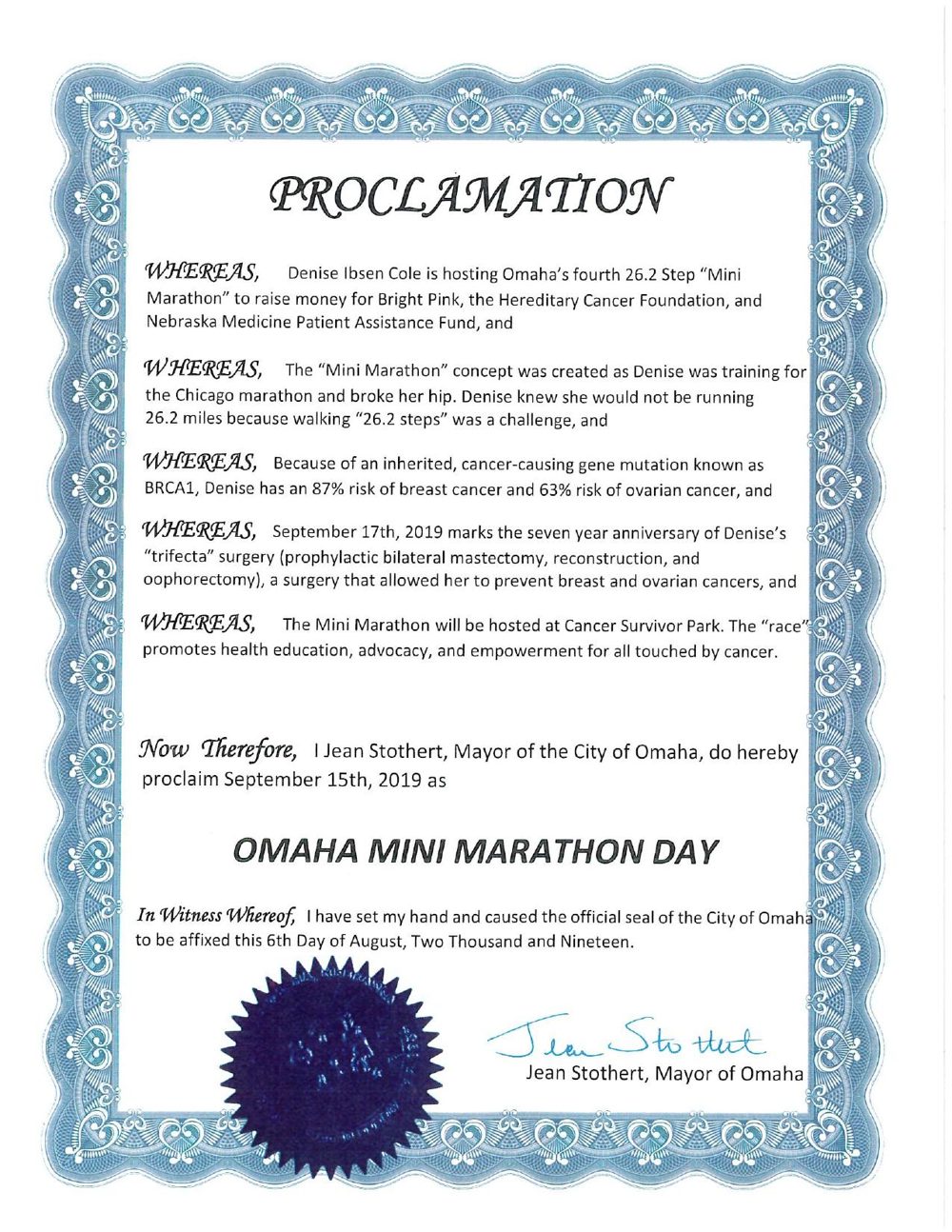 City of Omaha proclamation declaring Omaha Mini Marathon Day, 2019
