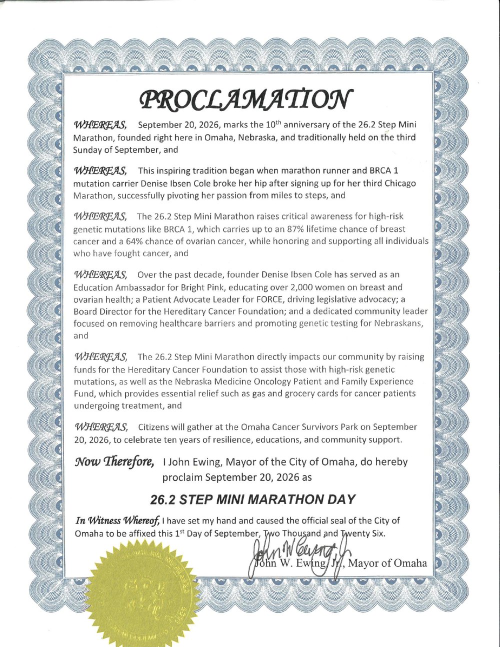 City of Omaha proclamation declaring 26.2 Step Mini Marathon Day, September 20, 2026 (10th anniversary)